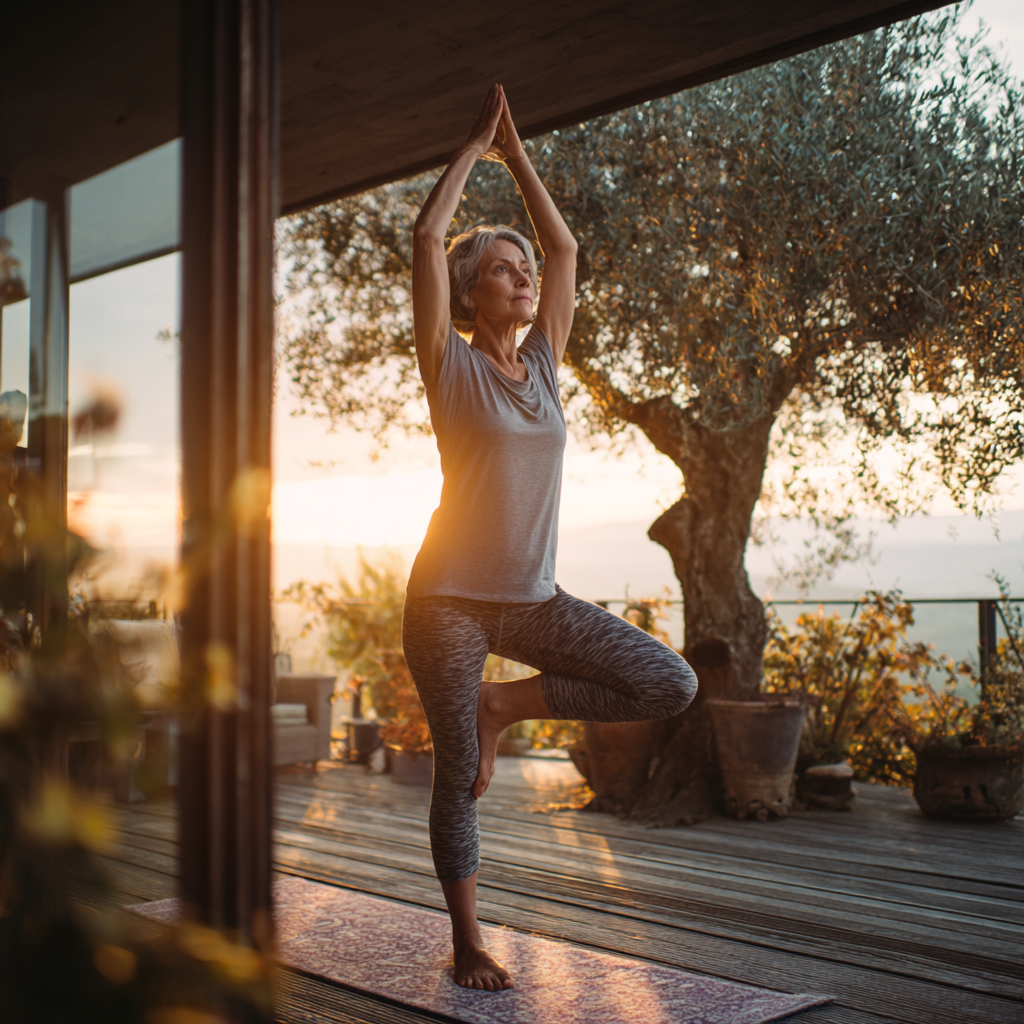 Жінка практикує йогу в затишній атмосфері